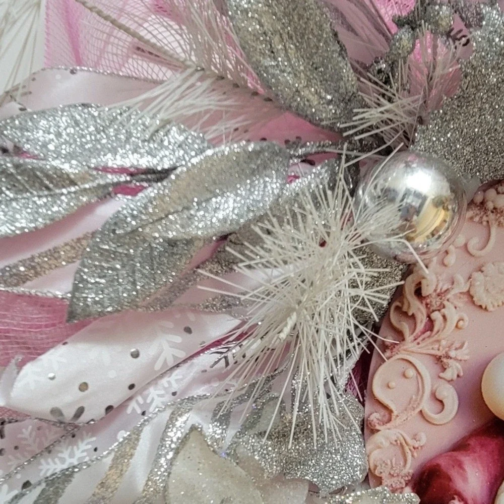 Pink silver Santa sparkle Christmas Wreath  Glitter Deco Mesh Unique Decor 24in
